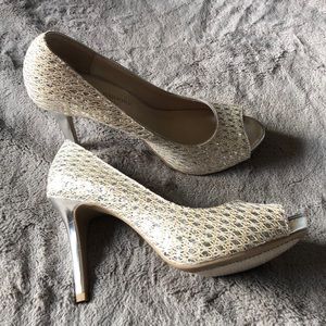 Gold and silver peep toe heels!